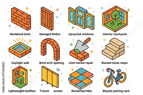 Adaptive Reuse Icons. Adaptive reuse with low-impact methods. Colorful isometric vector icons set of Adaptive reuse with low-impact methods: reclaimed brick