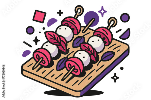 Artistic Caprese Skewers. Caprese Skewers. Caprese skewers on a wooden board with floating abstract geometric shapes and soft glowing accents, vibrant and