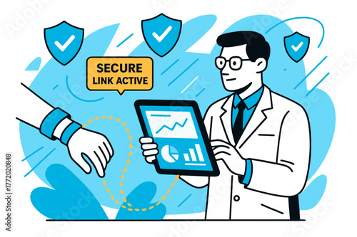Healthcare Cybersecurity Visualization. Cybersecurity for healthcare devices ? Remote monitoring safety. Doctor?s dashboard with floating shields and graphs;