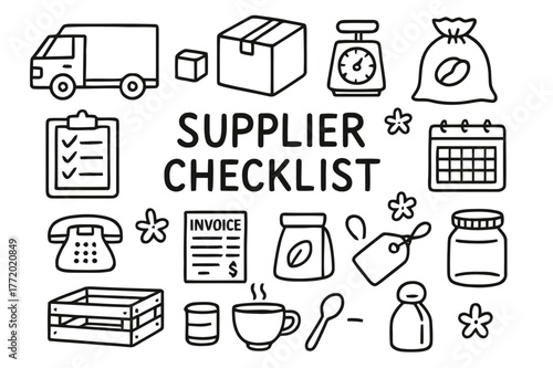 Supplier Checklist Doodles. Supplier checklist. Hand-drawn doodle illustration Supplier checklist delivery truck, box, bag of beans, clipboard, scale, invoice,