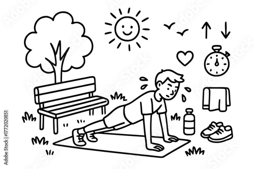 Fitness Doodle Icons. Outdoor workout. Hand-drawn doodle illustration outdoor workout park bench, grass, tree, push-up pose, mat, water bottle, sun, birds,
