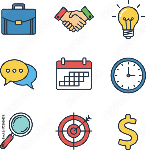 A set of nine outline style flat design vector icons for business, planning, and success, featuring a briefcase, handshake, lightbulb, chat bubbles, calendar, clock, magnifying glass, target with arro