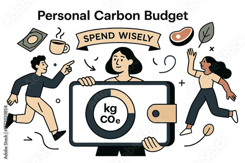 Personal Carbon Tracker. Personal carbon budget. A wallet-style card fills like a progress ring labeled ?kg CO?e?; ?Spend wisely? ribbon hovers. Daily choices