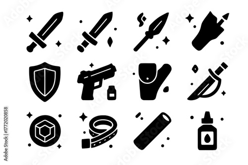 Cosplay Weapon Icons. Cosplay prop weapons. Solid icons set of Cosplay prop weapons: prop sword, foam dagger, staff, spear tip, shield, blaster prop, holster,