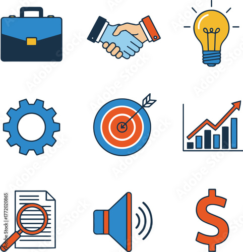 A collection of nine outline style flat design vector icons for business, strategy, and analytics, featuring a briefcase, handshake, lightbulb, gear, target with arrow, bar graph, document with magnif