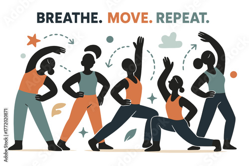 Dynamic Exercise Silhouettes. Full-body warm-up. Series of silhouettes bending, twisting, and lunging with dotted arrows showing flow; ?breathe, move, repeat.?