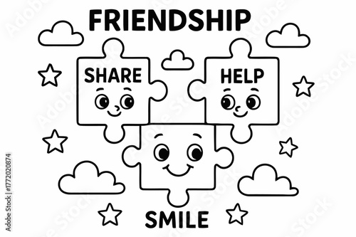 Friendship Puzzle Coloring Page. Friendship puzzle children?s coloring book illustration, outlined drawing, cartoon puzzle pieces labeled ?share,? ?help,? and