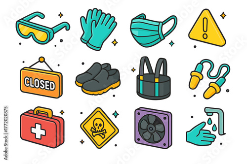 Workplace Safety Icons. Workplace cleaning safety. Colorful isometric vector icons set of Workplace cleaning safety: safety goggles, nitrile gloves, face mask,