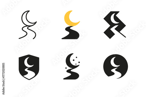 Moonlit Path Logos. Moonlit path. Set Logo of Moonlit path: crescent moon illuminating track. harmonious logo variations of the same emblematic concept, each