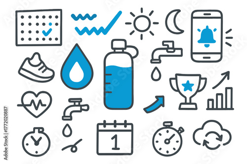 Habit & Hydration Doodles. // Hydration & habit tracking. Hand-drawn doodle illustration hydration & habit tracking [smart bottle (accented), droplet gauge
