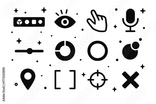Augmented Reality Icons. augmented reality user interface. Solid icons set of augmented reality user interface: floating toolbar, gaze cursor, hand pinch icon,