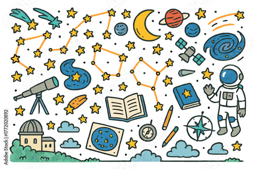 Celestial Doodles. Constellation maps. Hand-drawn doodle illustration constellations (colored), stars (colored), planets (colored), moon (colored), telescope