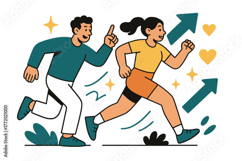 Dynamic Fitness Journey. Fitness training and personal coaching. Trainer motivating client during outdoor run with abstract floating arrows, hearts, and