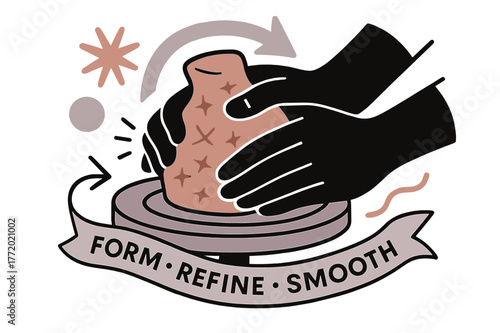 Dynamic Clay Sculpture. Sculpting in clay. Hands press and rotate a soft form on a turntable; score marks turn into tiny stars. A ribbon label reads ?Form ?