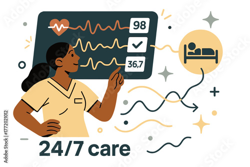 Remote Health Monitoring. Healthcare Tech ? Remote Monitoring. A nurse watches a floating dashboard with live vitals; thin pulse lines connect to a patient