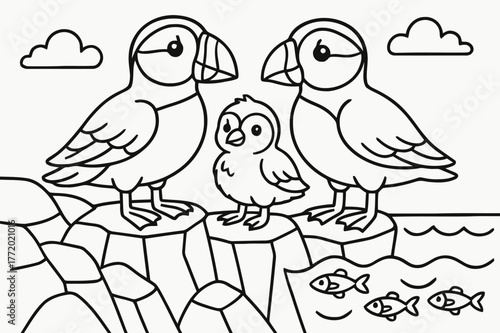 Puffin Family Coloring Page. Puffin family children?s coloring book illustration, outlined drawing, two parent puffins and a chick standing on a rocky cliff