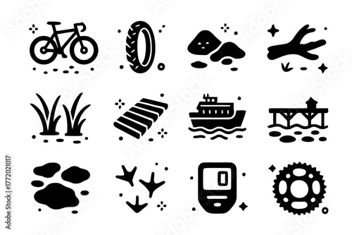 Gravel Cycling Icons. Gravel cycling near the shoreline. Solid icons set of Gravel cycling near the shoreline: gravel bike, wide tires, sand patch, driftwood,