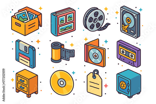 Colorful Storage Icons. Memory and archive storage. Colorful isometric vector icons set of Memory and archive storage: photo box, album book, film reel, old