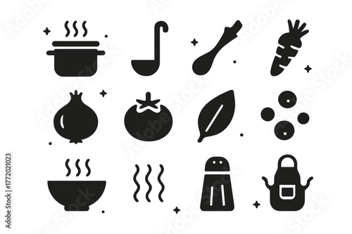 Soup and Stew Icons. Soup and Stew Cooking. Solid icons set of Soup and Stew Cooking: pot, ladle, wooden spoon, carrot, onion, tomato, bay leaf, peppercorns,