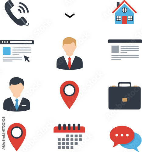  A vibrant set of twelve flat design contact and business icons, featuring a ringing phone, dropdown arrow, house, web browser with cursor, business person profiles, location pins, briefcase, calendar