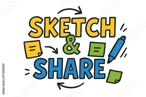 Playful Letter Doodles. Sketch & Share ? Doodle / Sketch; playful hand-drawn letters with rough outlines and arrows; casual offset stacking; colored lettering