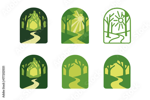 Forest Path Logos. symbolic path leading through the woods, filled with light. Set Logo of symbolic path leading through the woods, filled with