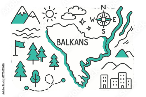 Balkans Geography Doodle. // Balkans geography. Hand-drawn doodle illustration Balkans geography [peninsula map (accented), mountains (accented), coastline