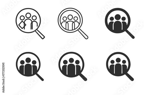 Diverse Hiring Logos. Inclusive hiring. Set Logo of Inclusive hiring: magnifying glass over diverse figures. harmonious logo variations of the same emblematic