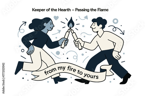 Passing the Flame. Keeper of the Hearth ? Passing the Flame. Two figures touch candles tip-to-tip; a soft spark bridges the light. Ribbon reads ?from my fire