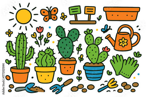 Vibrant Cactus Garden. Cactus garden. Colorful Hand-drawn doodle Children illustration Cactus garden clay pots, potted cacti, pebbles, soil scoop, gloves,