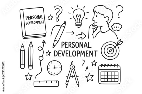 Personal Growth Doodles. Personal Development. Hand-drawn doodle illustration Personal Development notebook, roadmap, person thinking, pen, pencil, arrows,