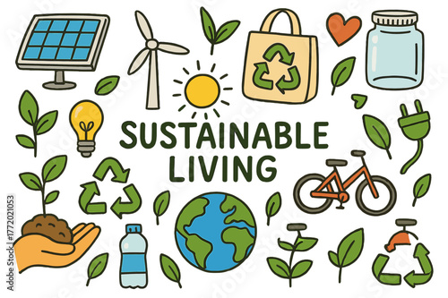 Sustainable Living Icons. Sustainable Living. Colorful Hand-drawn doodle Children illustration Sustainable Living solar panel, windmill, reusable bag, glass