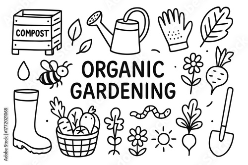 Organic Gardening Doodles. Organic gardening. Hand-drawn doodle illustration organic gardening compost bin, watering can, gloves, leaf, vegetable basket,