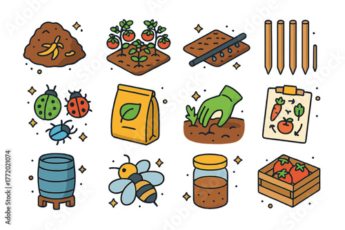 Organic Farming Icons. Organic tomato farming. Colorful isometric vector icons set of Organic tomato farming: compost heap, mulch layer, drip irrigation hose,