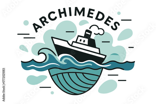 Modern Nautical Dynamics. Boat Displacement at Sea. A ship hull cuts through stylized waves; volume lines beneath show buoyant displacement. Floating