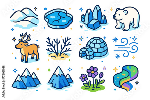 Isometric Arctic Wildlife Icons. Arctic tundra scene. Colorful isometric vector icons set of arctic tundra scene: snow-covered hills, frozen lake, icy rocks,