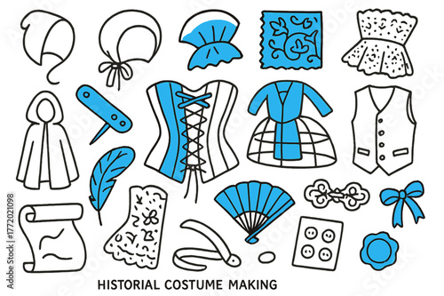 Antique Fashion Elements. // Historical costume making. Hand-drawn doodle illustration historical costume making [corset lacing (accented), bonnet outline,