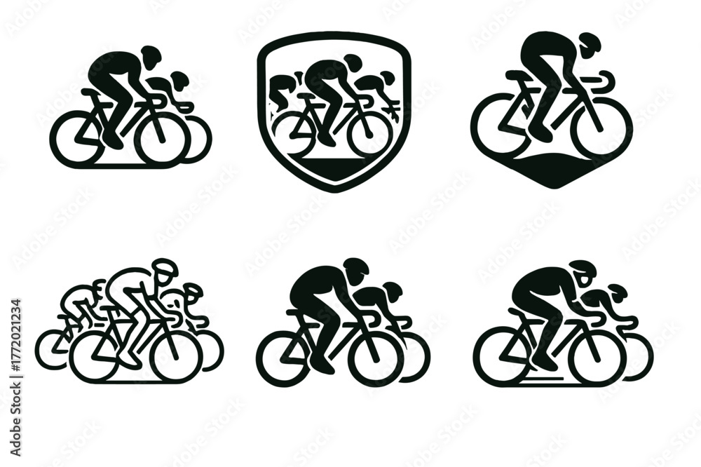 Obraz premium Cycling Logo Variations. Cycling race. Set Logo of Cycling race: peloton of riders. harmonious logo variations of the same emblematic concept, each with