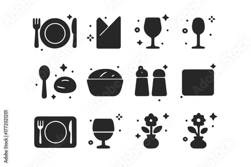 Elegant Table Icons. Dinner Setup. Solid icons set of Dinner Setup: plate, fork, knife, spoon, napkin, wine glass, water glass, bread basket, salt shaker,