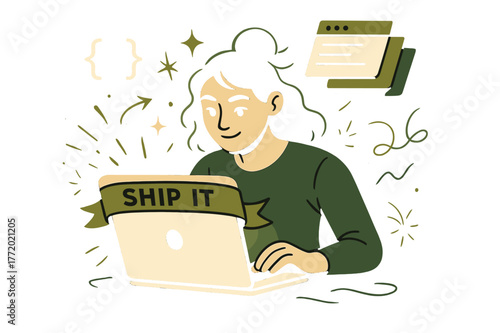 Night Coder Focus. Coder at night. A laptop glow frames her focus as brackets and sparks float; ?Ship it? ribbon wraps the screen edge. Tabs stack neatly like
