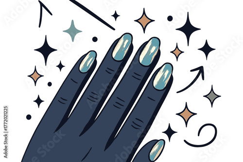 Metallic Foil Nails. Foil nails. Woman showing hand with metallic foil nails under bright light, abstract floating sparkles, stars, and geometric icons;