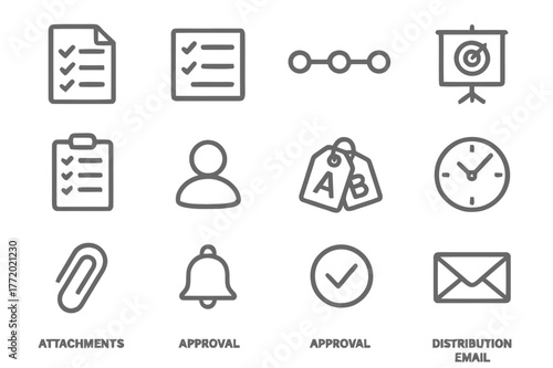 Agenda Icon Set. Agenda Planning. Line icon set of Agenda Planning: agenda document, checklist, timeline, meeting goals, action items, owner avatar, priority