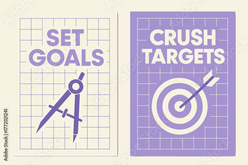 Goal Setting Banners. Goal Setting. Two vertical A6 banners with safe margins, centered composition, no elements touching edges, bauhaus, lavender and cream,