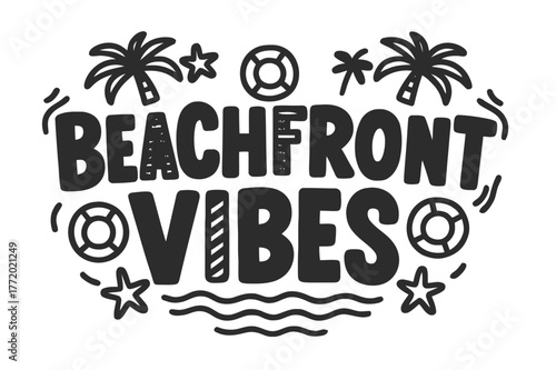 Beachfront Vibes Art. Beachfront Vibes ? playful decorative display lettering; patterned letters (dots/stripes/stars), gently arched word-shape; framed with