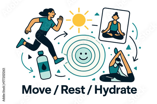 Wellness Vision Board. Vision Board ? Wellness & Energy. A water bottle, sun, and yoga pose card cluster in a gentle arc; text ?Move / Rest / Hydrate?. Soft