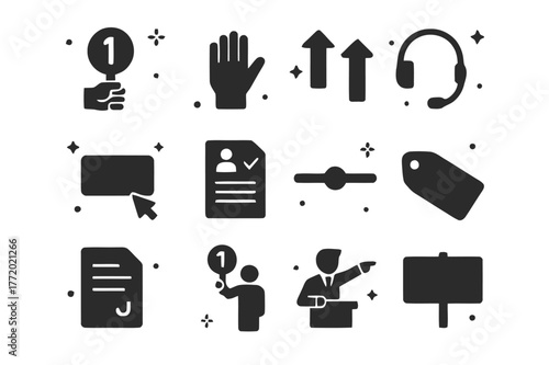 Auction Icons Grid. Bidding and paddles. Solid icons set of Bidding and paddles: numbered paddle, raised hand, bidding arrows up, phone headset, online bid