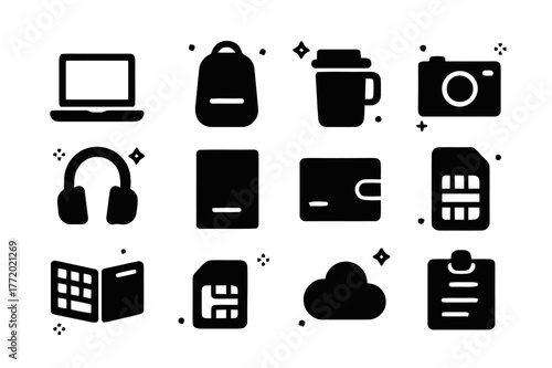 Digital Nomad Icons. Digital Nomad Minimalist Groups. Solid icons set of Digital Nomad Minimalist Groups: laptop, slim backpack, travel mug, compact camera,