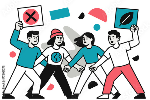 Dynamic Environmental Activism. Environmental Protests. Protesters forming a human chain with floating abstract geometric shapes and green accents, strong and