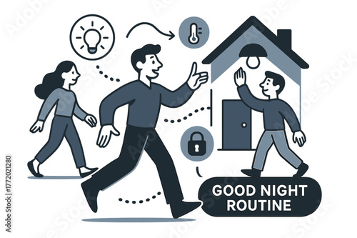 Smart Home Harmony. AI Assistants ? Smart Home Steward. The assistant orchestrates lights, thermostat, and locks; dotted signals flow house-wide. Tag ?good