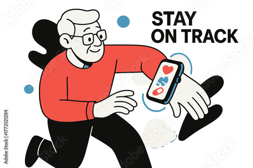 Smartwatch Health Icons. Old age ? Smartwatch health check. Wrist tilt reveals tidy icons ? heart rate, steps, meds reminder; gentle rings glow. Tag ?STAY ON